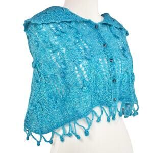 TSUMORI CHISATO Mohair Crochet Button-Up Hooded Capelet Shawl Turquoise Size 2